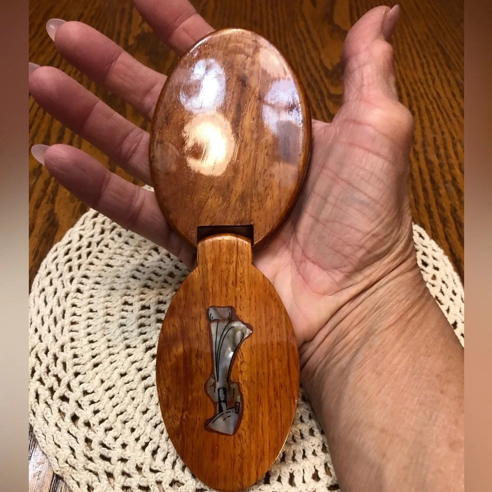 Vintage Wooden Mirror Compact Handmade